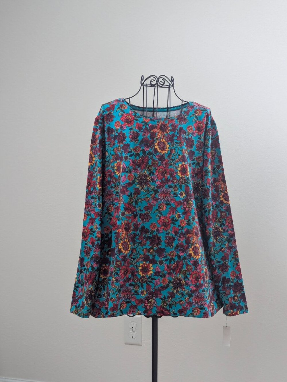 NWT Talbots Plus 2X Floral Cotton Stretch Knit Top Blue Long Sleeve